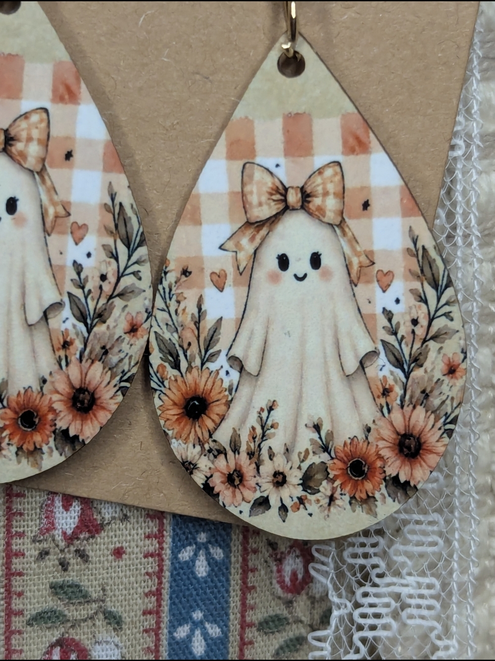 Cute Halloween Ghost Teardrop Earrings in Peach & Cream - Picture 5 of 5